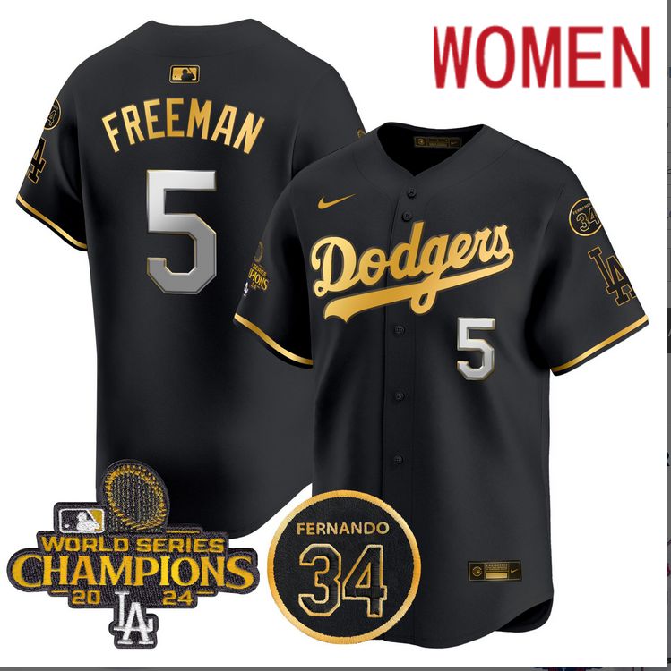Women MLB Los Angeles Dodgers #5 Freeman black 2024 World Series Champions Patch Limited Jersey->women mlb jersey->Women Jersey